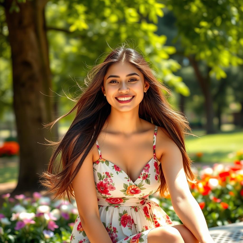 A stylish young woman with long flowing hair sitting in a sunny park, wearing a fashionable summer dress with floral patterns