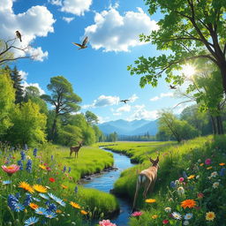 A breathtaking view of a lush green forest in spring, filled with vibrant wildflowers blooming in various colors like blue, yellow, and pink