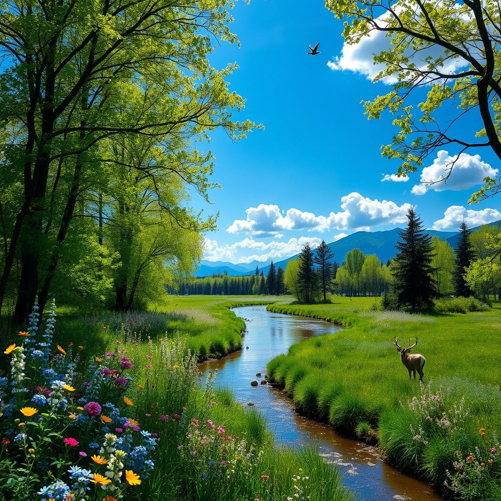 A breathtaking view of a lush green forest in spring, filled with vibrant wildflowers blooming in various colors like blue, yellow, and pink