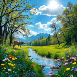 A breathtaking view of a lush green forest in spring, filled with vibrant wildflowers blooming in various colors like blue, yellow, and pink