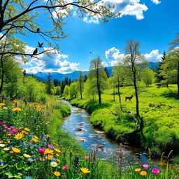 A breathtaking view of a lush green forest in spring, filled with vibrant wildflowers blooming in various colors like blue, yellow, and pink