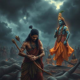 A poignant scene on the battlefield showcasing Arjuna in a moment of deep desperation, his face turned downcast with a sad expression, eyes filled with confusion and turmoil