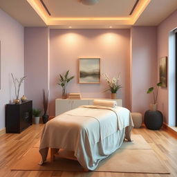 A small massage area within a gym studio, designed with a tranquil and inviting color palette