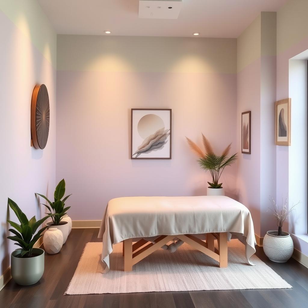 A small massage area within a gym studio, designed with a tranquil and inviting color palette