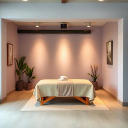 A small massage area within a gym studio, designed with a tranquil and inviting color palette
