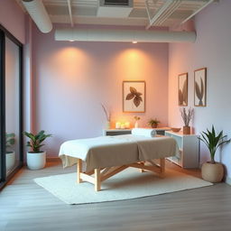 A small massage area within a gym studio, designed with a tranquil and inviting color palette