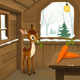 Inside a cozy wooden cabin during winter, with no snow visible outside, a charming brown fawn stands holding a vibrant green vegetable in its mouth, gazing curiously at a bright orange carrot placed on the table nearby
