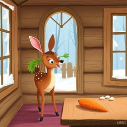 Inside a cozy wooden cabin during winter, with no snow visible outside, a charming brown fawn stands holding a vibrant green vegetable in its mouth, gazing curiously at a bright orange carrot placed on the table nearby