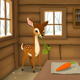 Inside a cozy wooden cabin during winter, with no snow visible outside, a charming brown fawn stands holding a vibrant green vegetable in its mouth, gazing curiously at a bright orange carrot placed on the table nearby