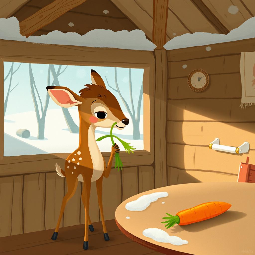 Inside a cozy wooden cabin during winter, with no snow visible outside, a charming brown fawn stands holding a vibrant green vegetable in its mouth, gazing curiously at a bright orange carrot placed on the table nearby