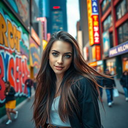 A stunning portrait of a confident young woman with long flowing hair, wearing a trendy outfit, standing in a vibrant urban environment