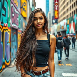 A stunning portrait of a confident young woman with long flowing hair, wearing a trendy outfit, standing in a vibrant urban environment