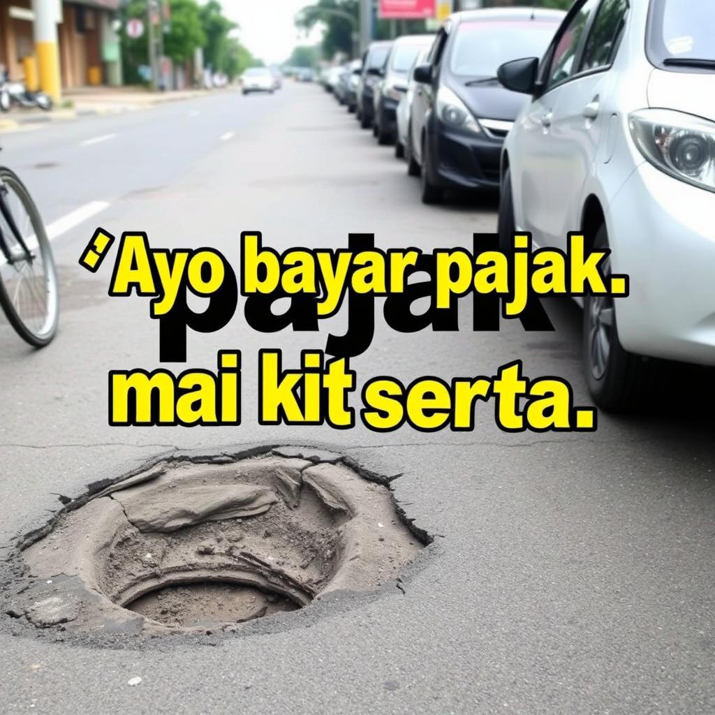 A street with large, visible potholes representing deteriorating infrastructure, with a motivational message overlay that reads: 'Ayo bayar pajak, mari kita ikut serta' in bold, eye-catching typography