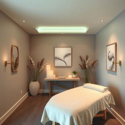 A small massage area within a gym studio, featuring a serene and soothing color palette