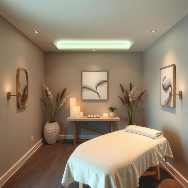 A small massage area within a gym studio, featuring a serene and soothing color palette