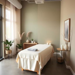 A small massage area within a gym studio, featuring a serene and soothing color palette