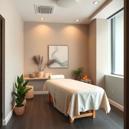 A small massage area within a gym studio, featuring a serene and soothing color palette