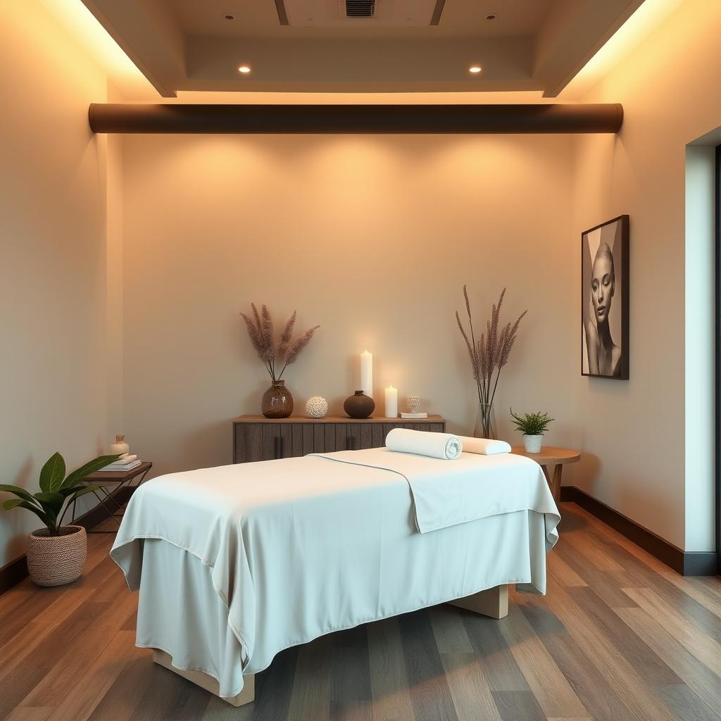 A small massage area within a gym studio, featuring a serene and soothing color palette