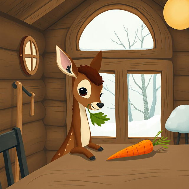 Inside a cozy wooden cabin during winter, with no snow in sight, a delightful brown fawn holds a vibrant green leaf in its mouth, looking curiously at a bright orange carrot placed on the table