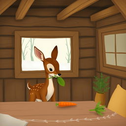Inside a cozy wooden cabin during winter, with no snow in sight, a delightful brown fawn holds a vibrant green leaf in its mouth, looking curiously at a bright orange carrot placed on the table
