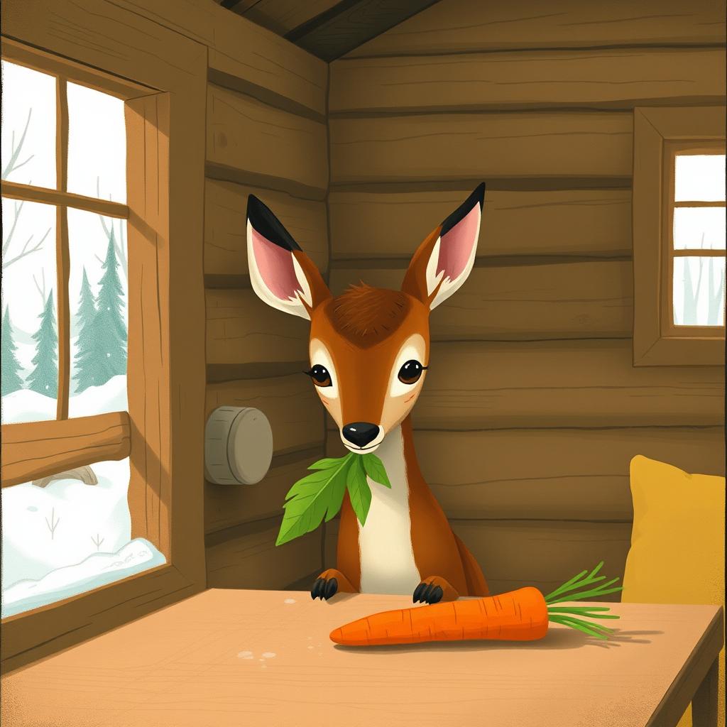 Inside a cozy wooden cabin during winter, with no snow in sight, a delightful brown fawn holds a vibrant green leaf in its mouth, looking curiously at a bright orange carrot placed on the table