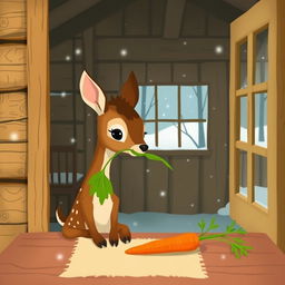 Inside a cozy wooden cabin during winter, with no snow in sight, a delightful brown fawn holds a vibrant green leaf in its mouth, looking curiously at a bright orange carrot placed on the table