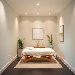 A small, tranquil massage area within a gym studio, featuring a harmonious color palette that promotes relaxation