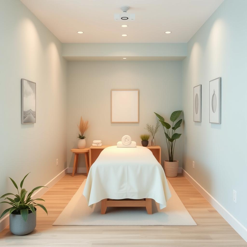 A small, tranquil massage area within a gym studio, featuring a harmonious color palette that promotes relaxation