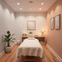 A small, tranquil massage area within a gym studio, featuring a harmonious color palette that promotes relaxation