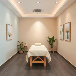 A small, tranquil massage area within a gym studio, featuring a harmonious color palette that promotes relaxation