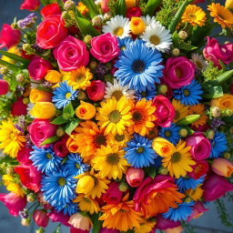 A vibrant and colorful aerial view of a lush bouquet of flowers