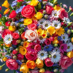 A vibrant and colorful aerial view of a lush bouquet of flowers