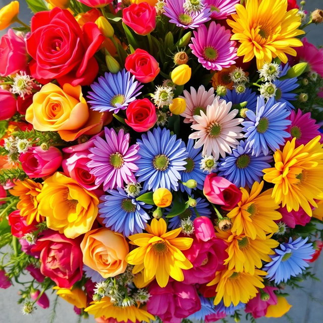 A vibrant and colorful aerial view of a lush bouquet of flowers