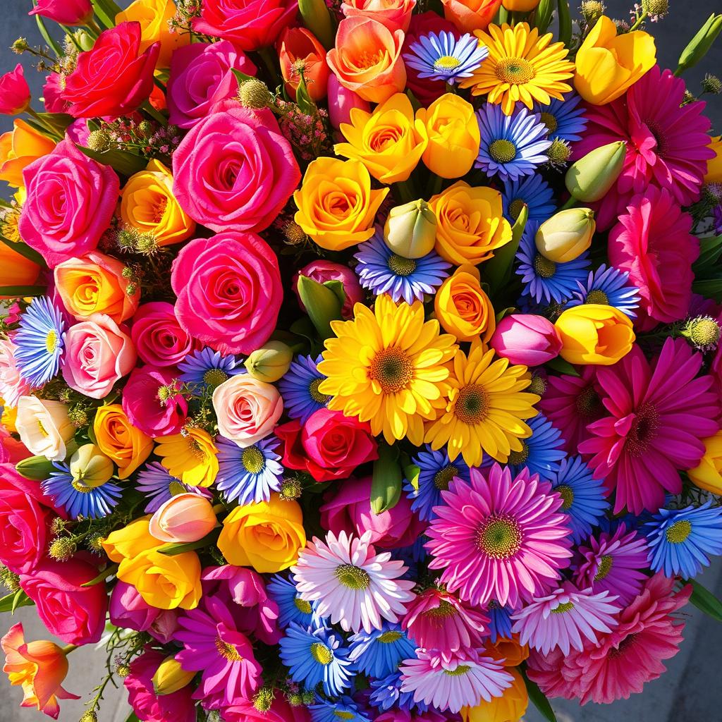 A vibrant and colorful aerial view of a lush bouquet of flowers