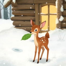 In a winter scene blanketed with soft snow, a delightful brown fawn stands outside a rustic wooden cabin, holding a vibrant green leaf in its mouth