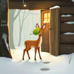 In a winter scene blanketed with soft snow, a delightful brown fawn stands outside a rustic wooden cabin, holding a vibrant green leaf in its mouth