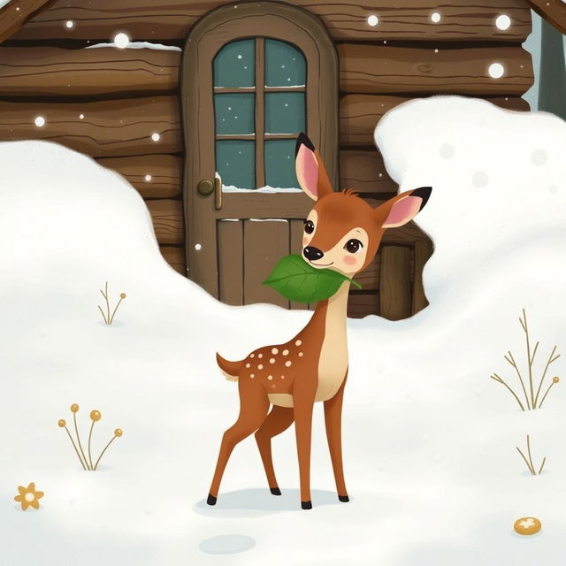 In a winter scene blanketed with soft snow, a delightful brown fawn stands outside a rustic wooden cabin, holding a vibrant green leaf in its mouth