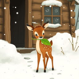 In a winter scene blanketed with soft snow, a delightful brown fawn stands outside a rustic wooden cabin, holding a vibrant green leaf in its mouth