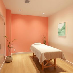 A small massage area located within a gym studio, characterized by a soothing and harmonious color palette