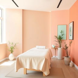 A small massage area located within a gym studio, characterized by a soothing and harmonious color palette