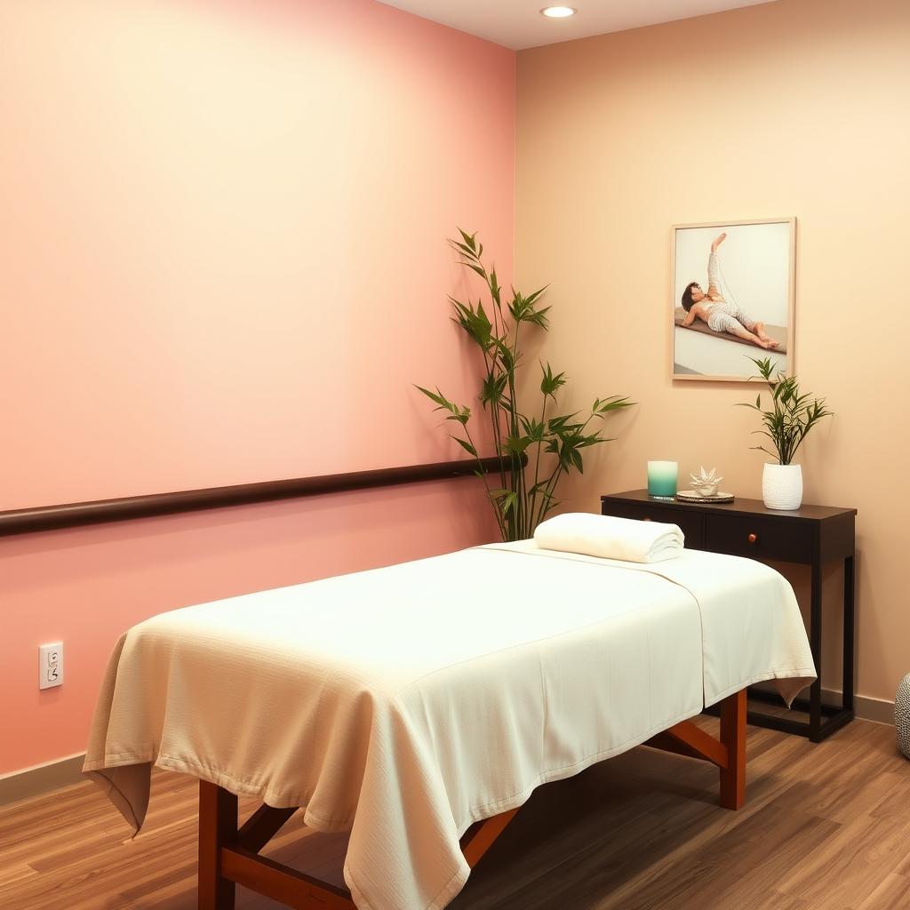 A small massage area located within a gym studio, characterized by a soothing and harmonious color palette