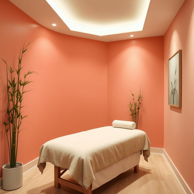 A small massage area located within a gym studio, characterized by a soothing and harmonious color palette