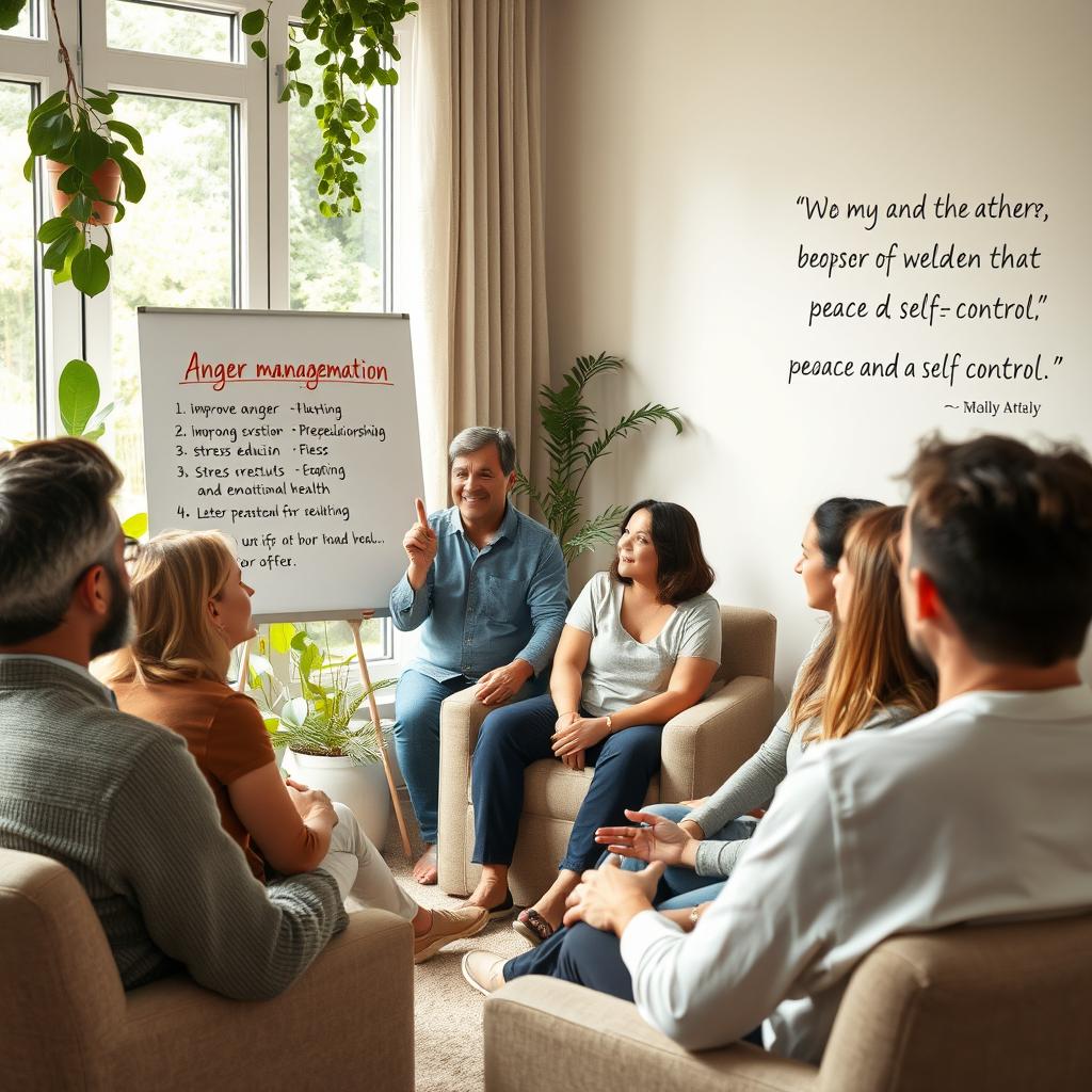 A tranquil scene depicting an adult participating in an anger management workshop, surrounded by a diverse group of individuals engaged in a calm discussion