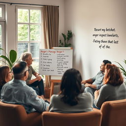 A tranquil scene depicting an adult participating in an anger management workshop, surrounded by a diverse group of individuals engaged in a calm discussion