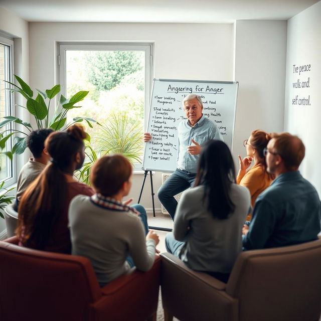 A tranquil scene depicting an adult participating in an anger management workshop, surrounded by a diverse group of individuals engaged in a calm discussion