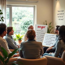 A tranquil scene depicting an adult participating in an anger management workshop, surrounded by a diverse group of individuals engaged in a calm discussion