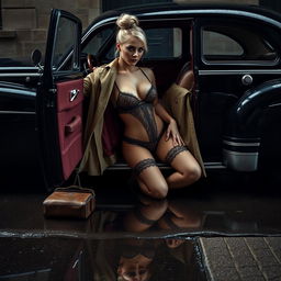 A seductive and suggestive fashion shoot featuring a sexy blonde model with her hair styled in a bun and captivating blue eyes