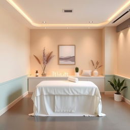 A small massage area within a gym studio, designed with a serene and inviting color palette
