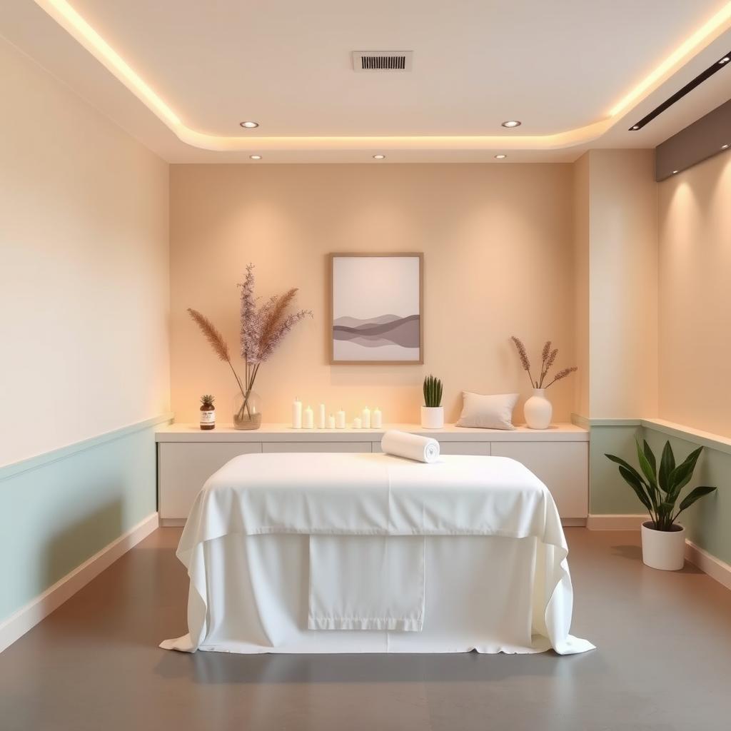 A small massage area within a gym studio, designed with a serene and inviting color palette