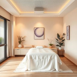 A small massage area within a gym studio, designed with a serene and inviting color palette
